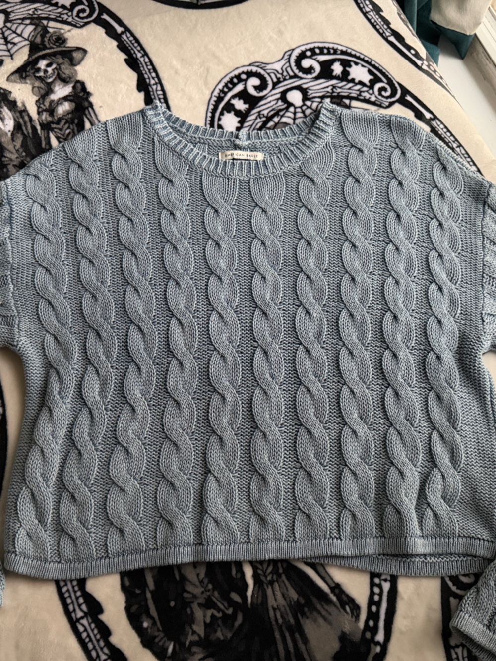 American Eagle Cable Knit Crewneck Sweater - Light Blue